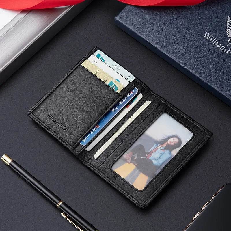Tarjetero RFID ultrafino compacto de alta gama antidesmagnetización para hombre, bolso para documentos de Cuero de vaca real, miniWILLIAMPOLO desmagnetización