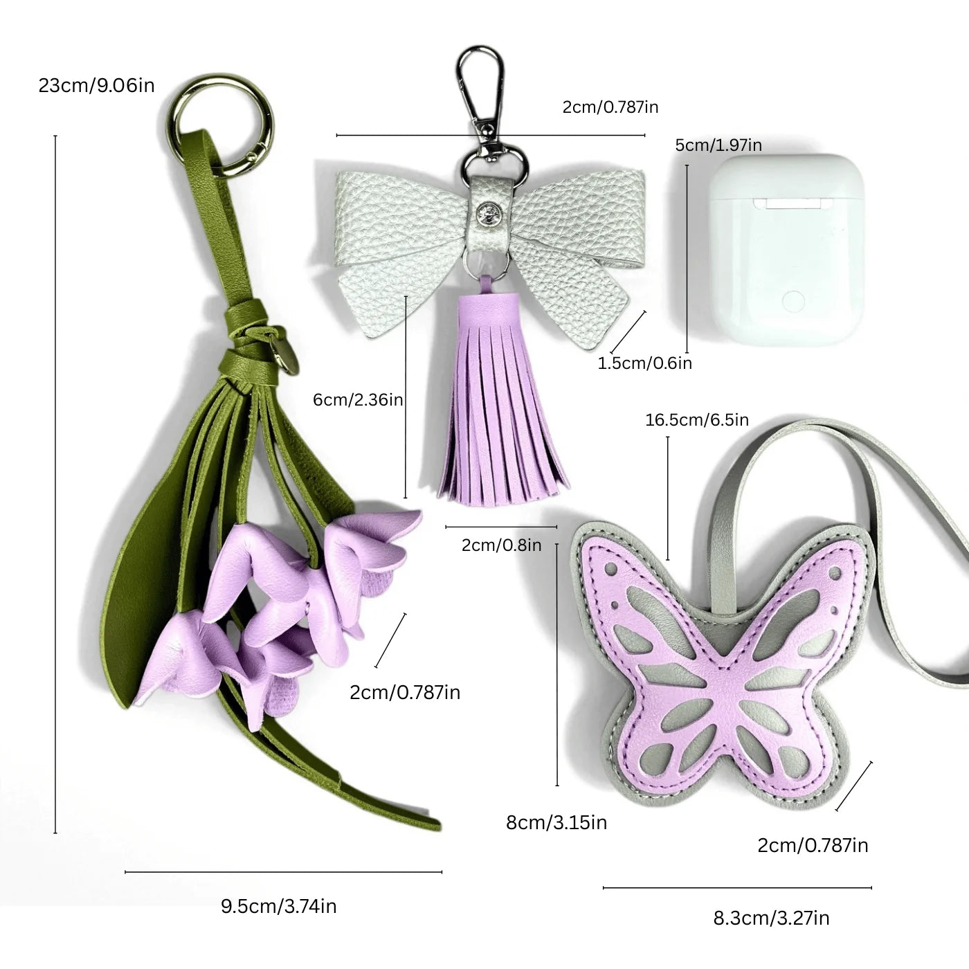 Set de Llaveros con Mariposa y Flor Moradas, Accesorios Lindos de Cuero PU con Diseño Floral para Amantes del Color Morado/Flores Realistas/Buen Regalo