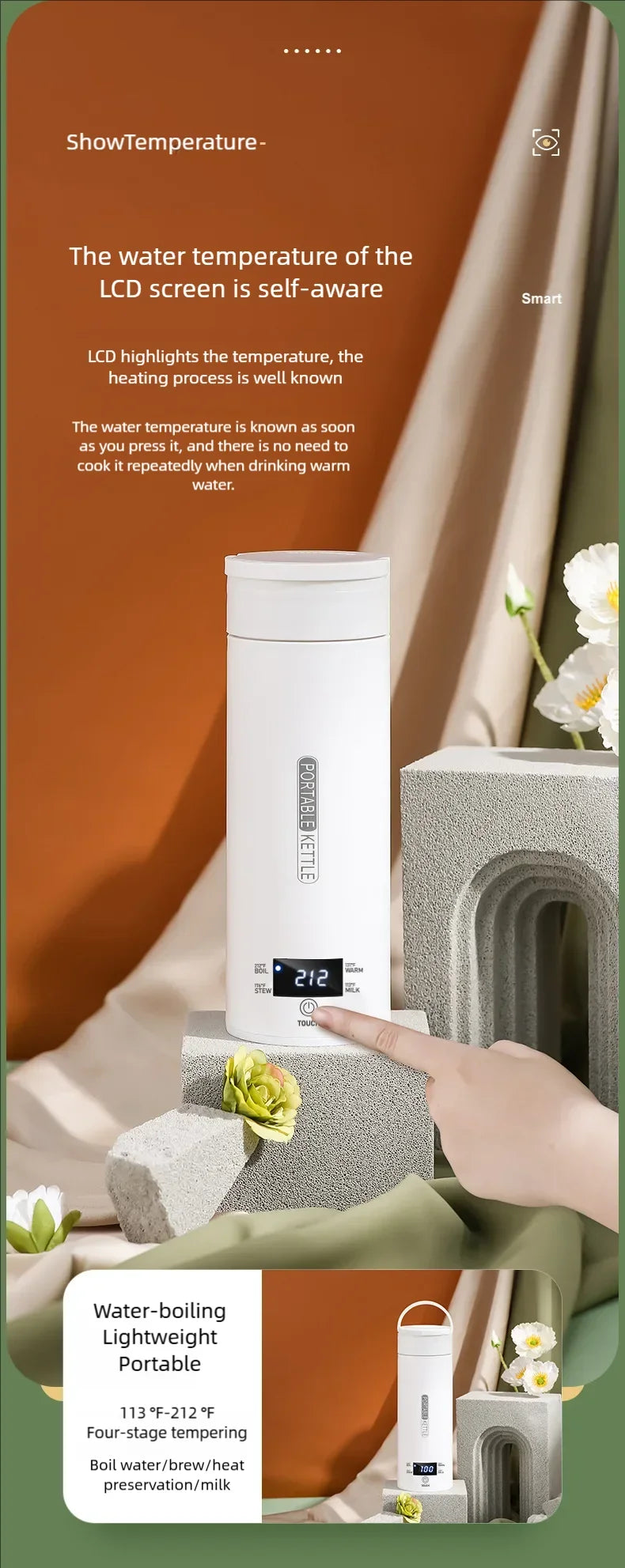 JFBONIN-hervidores eléctricos portátiles para té y café, hervidor de agua para hervir, taza térmica, botella de agua antiescaldaduras, menú en inglés