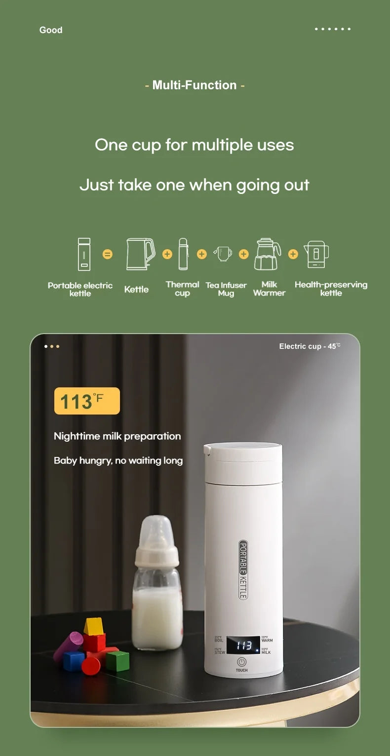 Hervidor Eléctrico Portátil de 450 ml, Taza Térmica para Té y Café, Hervidor de Agua de Viaje, Botella de Agua Anti-Escaldaduras, Menú en Inglés