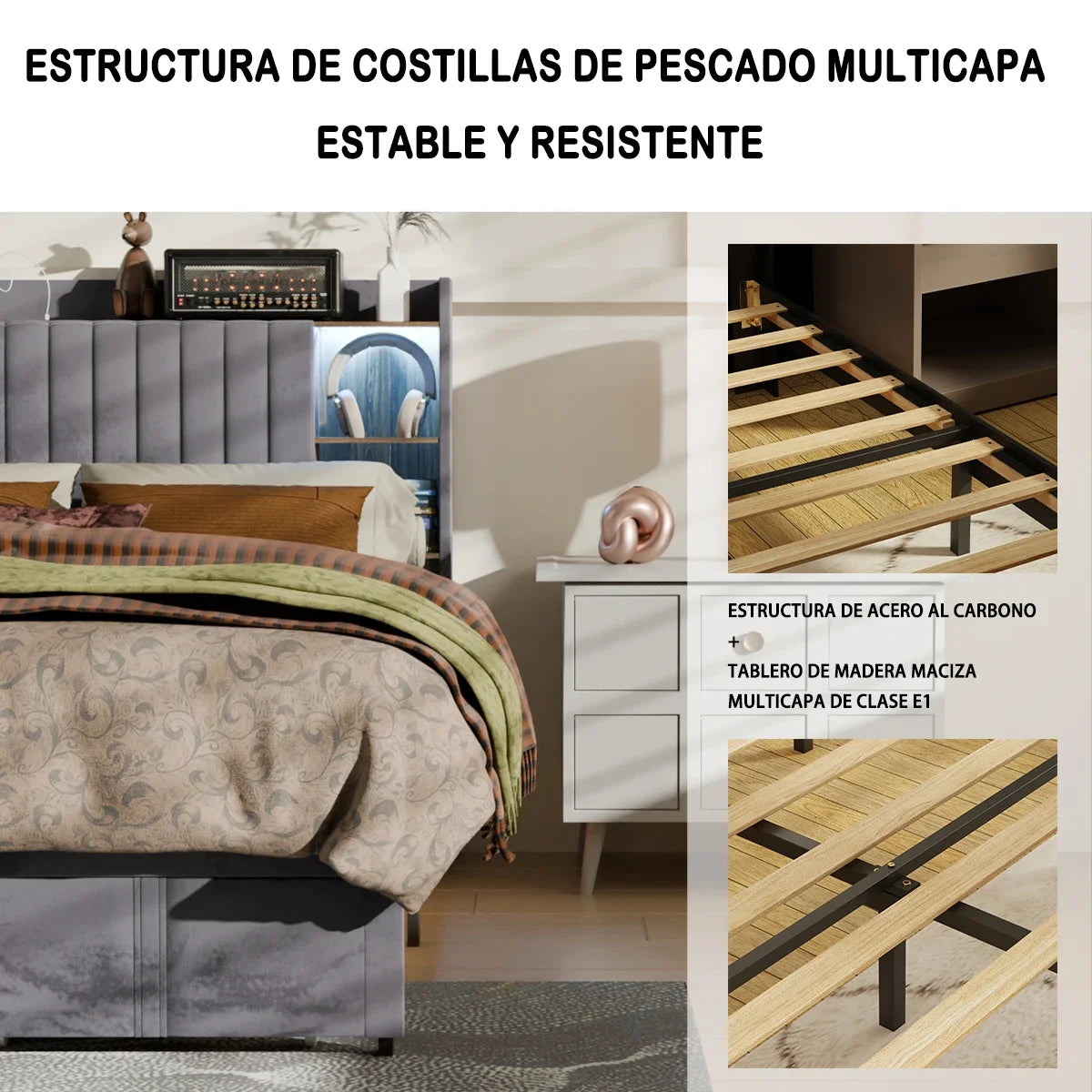 Base de Cama de Plataforma de Madera con Cajones de Almacenamiento, Tamaño Matrimonial, con Luces LED y Estación de Carga, No Requiere Somier, Gris