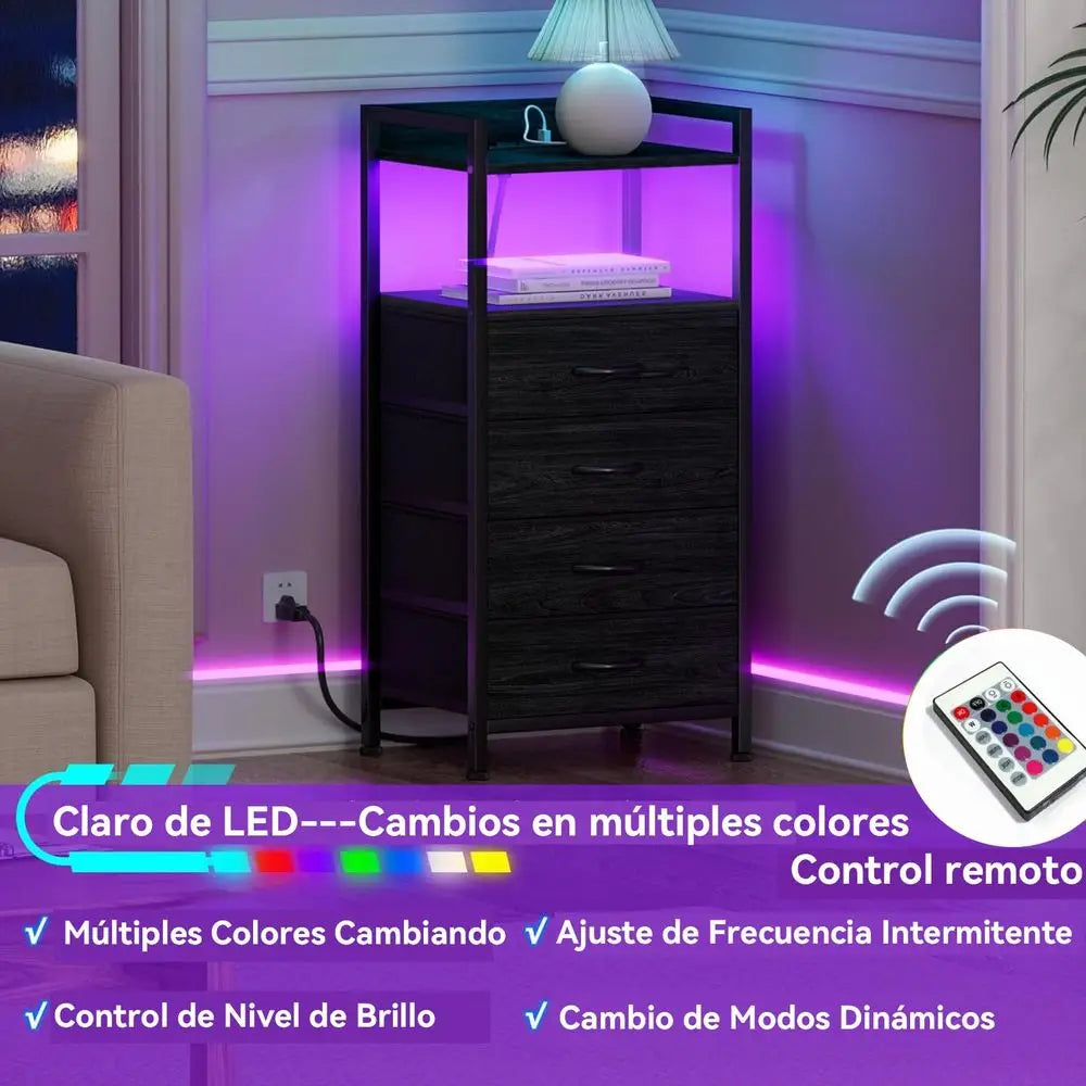 Mesa de Noche para Recámara con Estación de Carga, 2 Enchufes y 2 Puertos USB, Muebles para Recámara