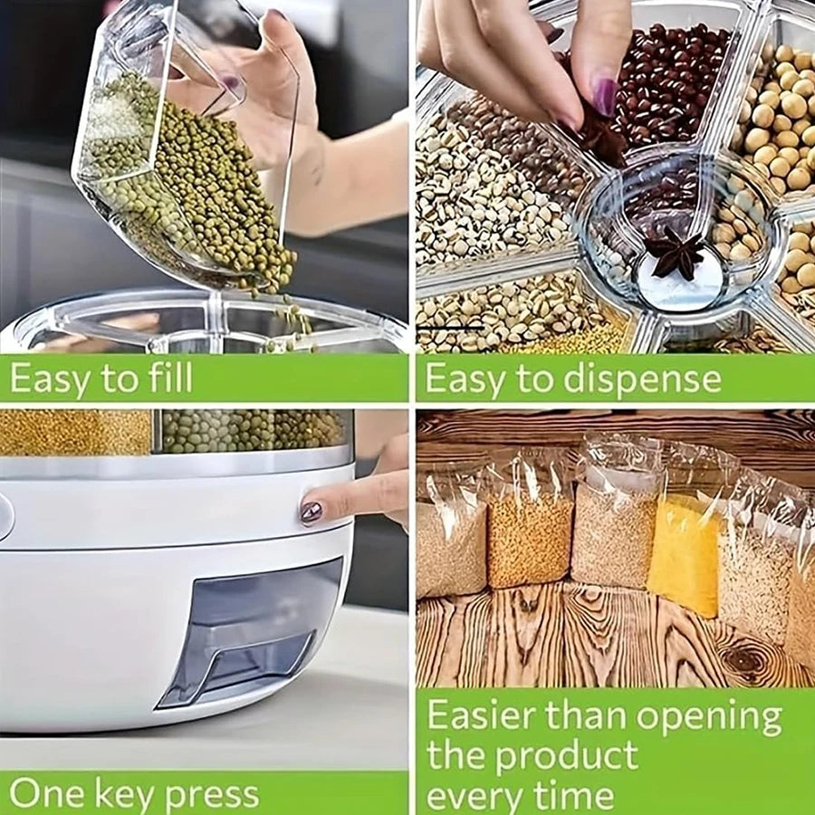360 °   Dispensador de alimentos giratorio de 6 rejillas, contenedor hermético de almacenamiento de cocina para cereales, cereales y productos secos
