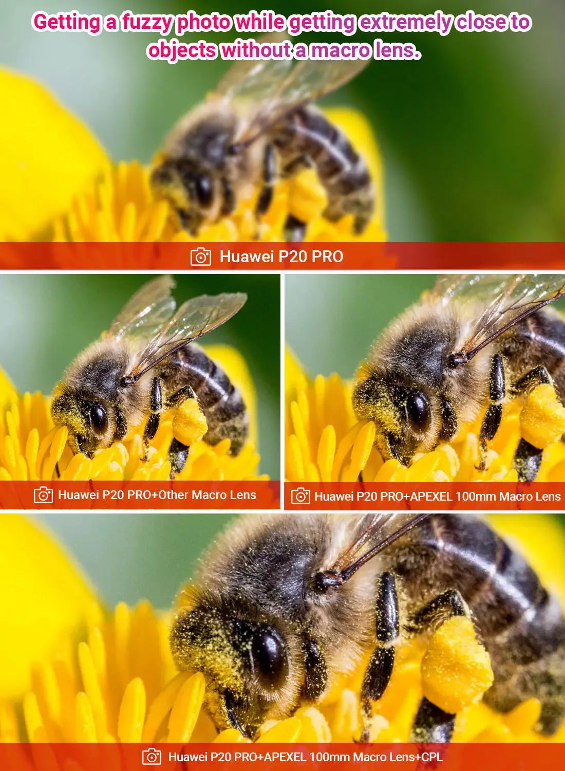 APEXEL nueva llegada 4k HD 100mm macro Micro lente con filtro CPL abrazadera multifuncional para iPhone Samsung y todos los teléfonos inteligentes
