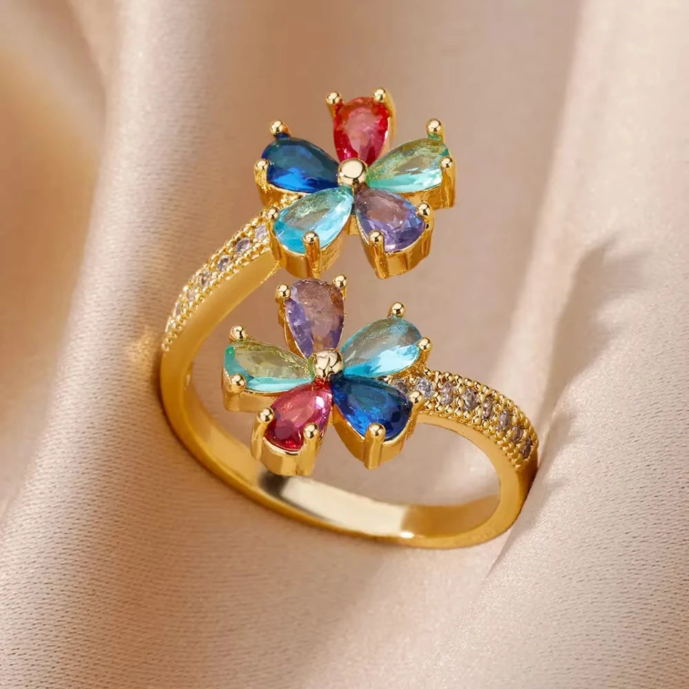 Anillos de acero inoxidable de lujo chapados en oro, piedra colorida, anillo de corazón de cristal de circón para mujer, joyería Bohemia de boda, regalo de Navidad