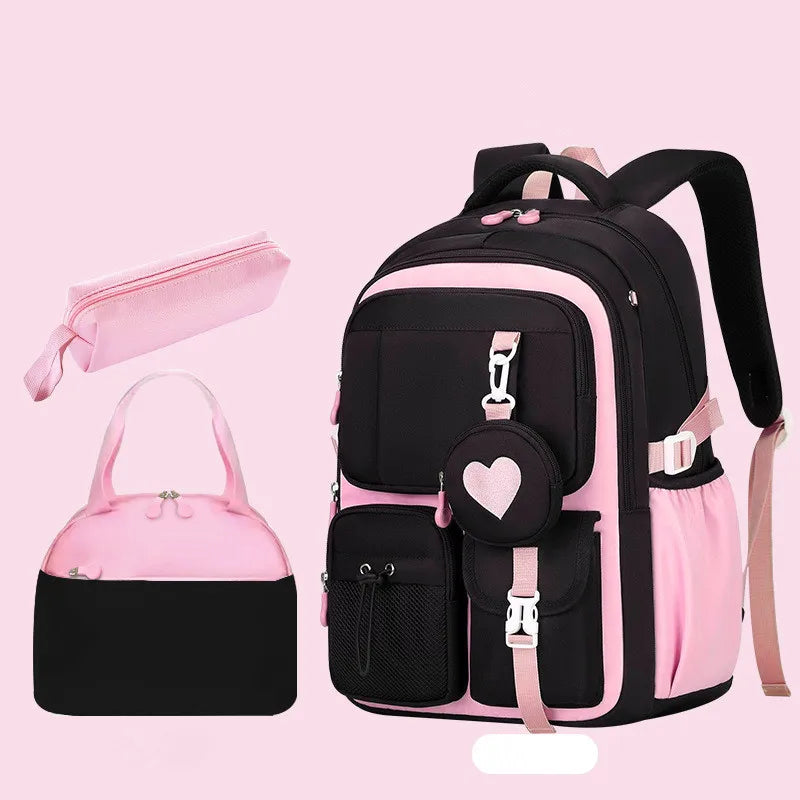 Mochila escolar con estampado de amor, estuche para lápices, bolsa de almuerzo, juego de tres piezas, tela de nailon impermeable, mochila de moda para niños, niñas y adolescentes.