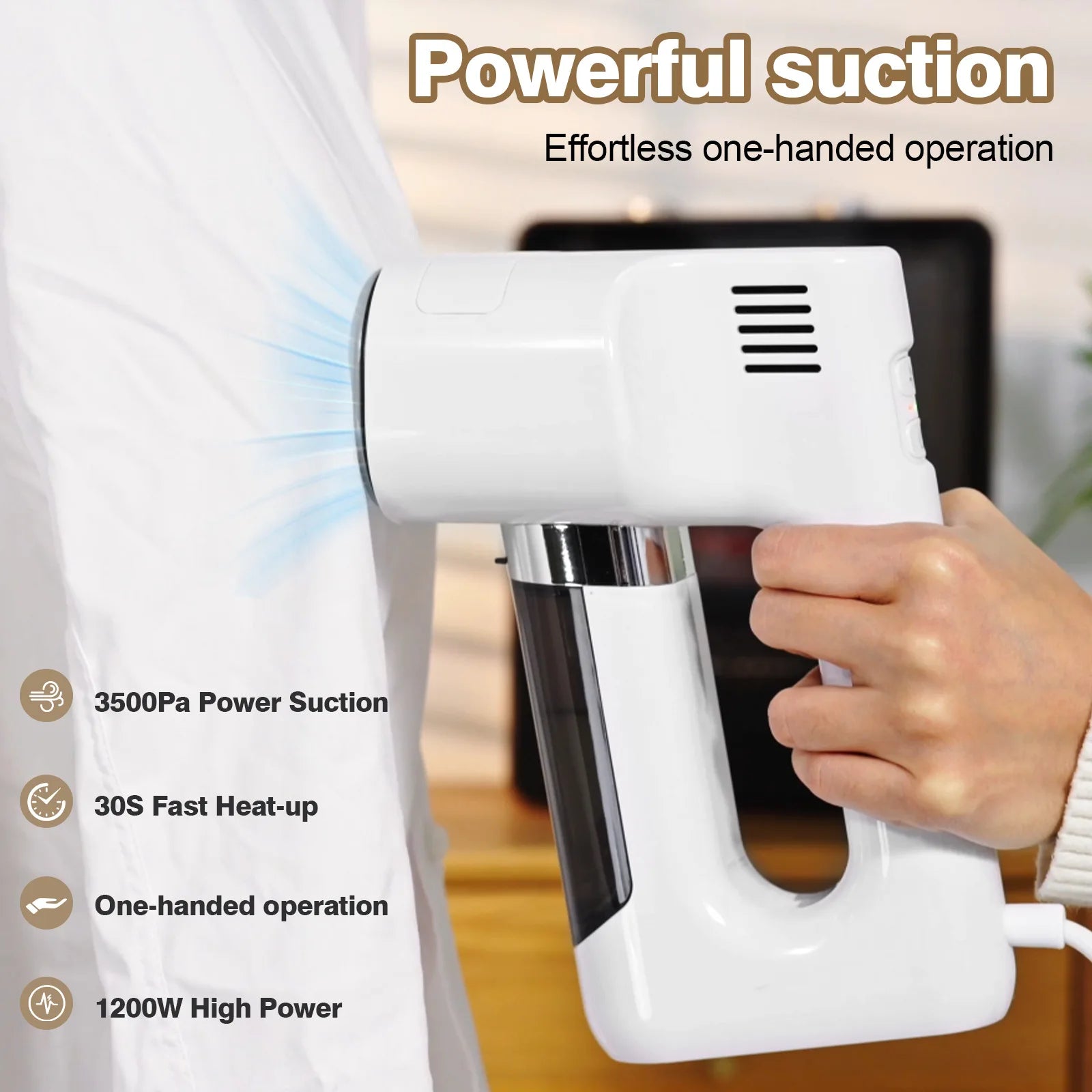 Vaporizador de Ropa Portátil, 1200W, 3500Pa de Succión, con 2 Niveles de Succión, Plancha de Vapor Portátil para el Hogar, Planchado en Seco y Húmedo