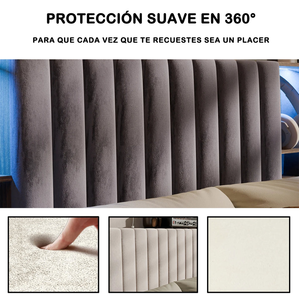 Base de Cama con Almacenamiento y Cabecero de Terciopelo, Estación de Carga, Bases de Cama Regulables, Cama de Lujo con Cabecero de Ala, Muebles de Lujo