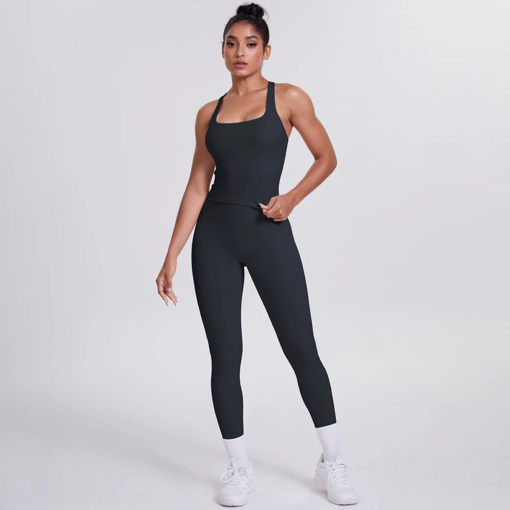 Hamidou - Conjunto de yoga de 2 piezas para mujer: leggings de fitness de secado rápido con efecto push-up y top deportivo con espalda en I de color liso.