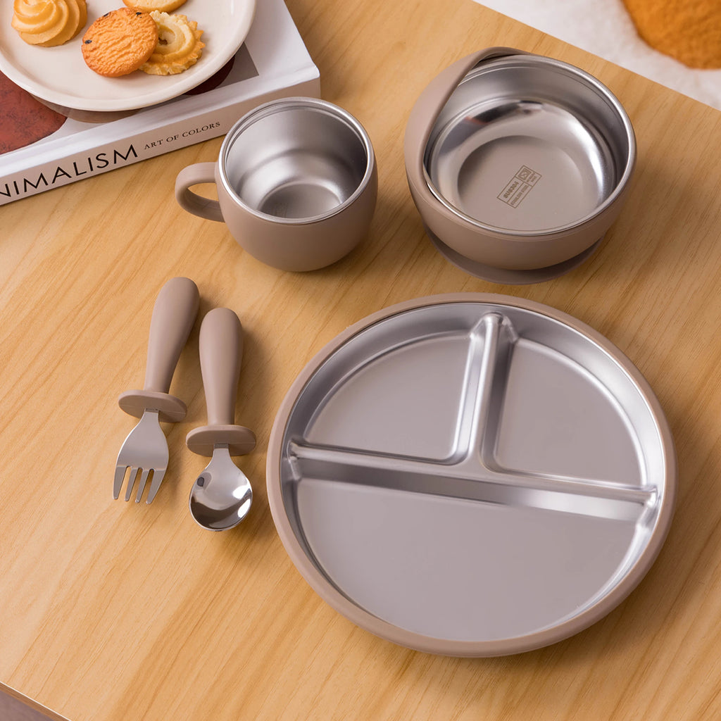 Juego de alimentación de bebé con plato de platos de acero inoxidable, cuenco con ventosa de silicona desmontable, sin BPA, tenedor infantil, cuchara, regalos, 5 uds.