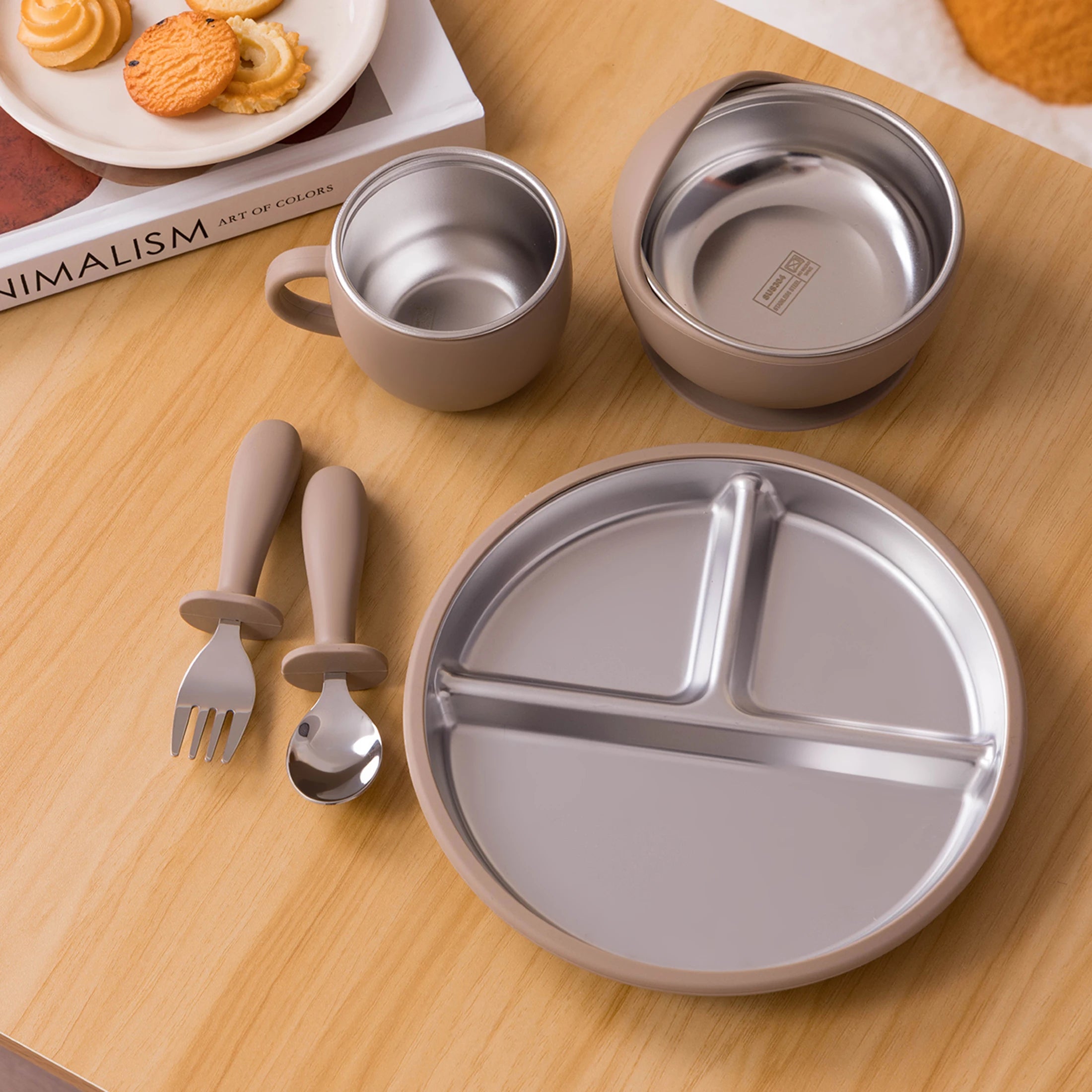 Juego de alimentación de bebé con plato de platos de acero inoxidable, cuenco con ventosa de silicona desmontable, sin BPA, tenedor infantil, cuchara, regalos, 5 uds.