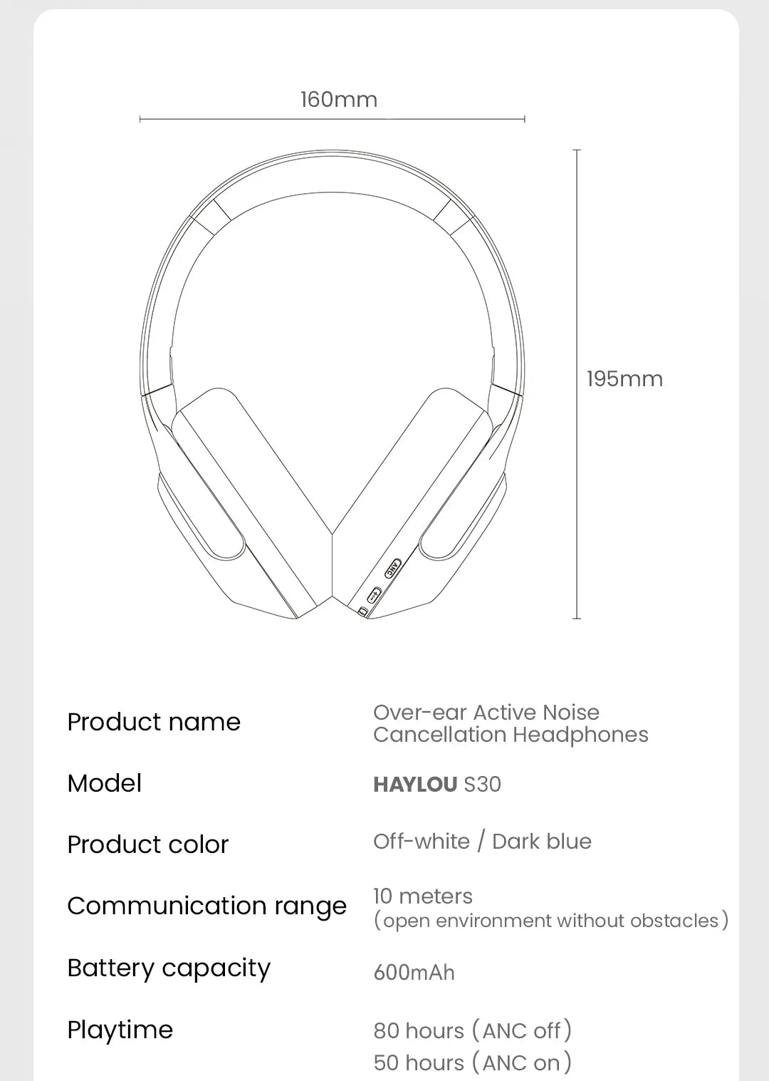 HAYLOU S30 ANC auriculares inalámbricos Bluetooth 5,4 auriculares de alta resolución 43dB auriculares adaptables con cancelación de ruido controlador de 40mm 80H
