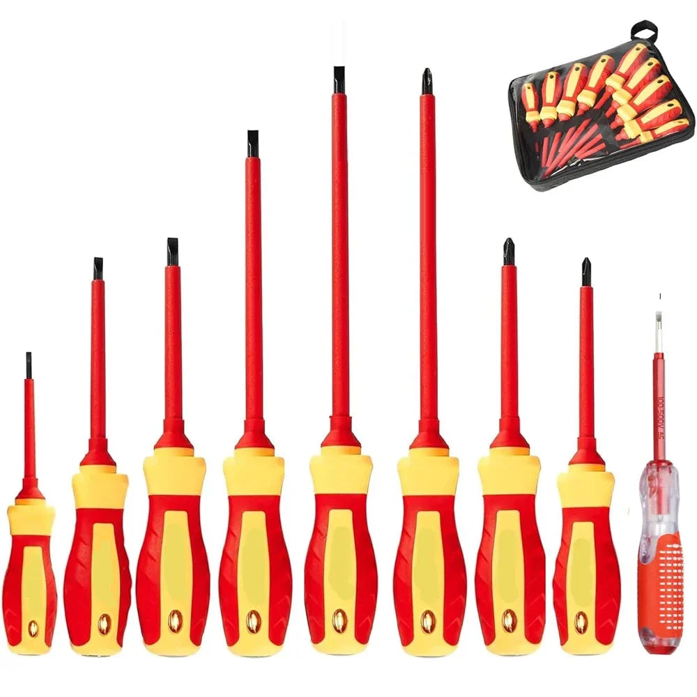 Juego de 10 Destornilladores Aislados VDE 500V, con Puntas Magnéticas Intercambiables y Estuche, para Electricistas Profesionales y Domésticos