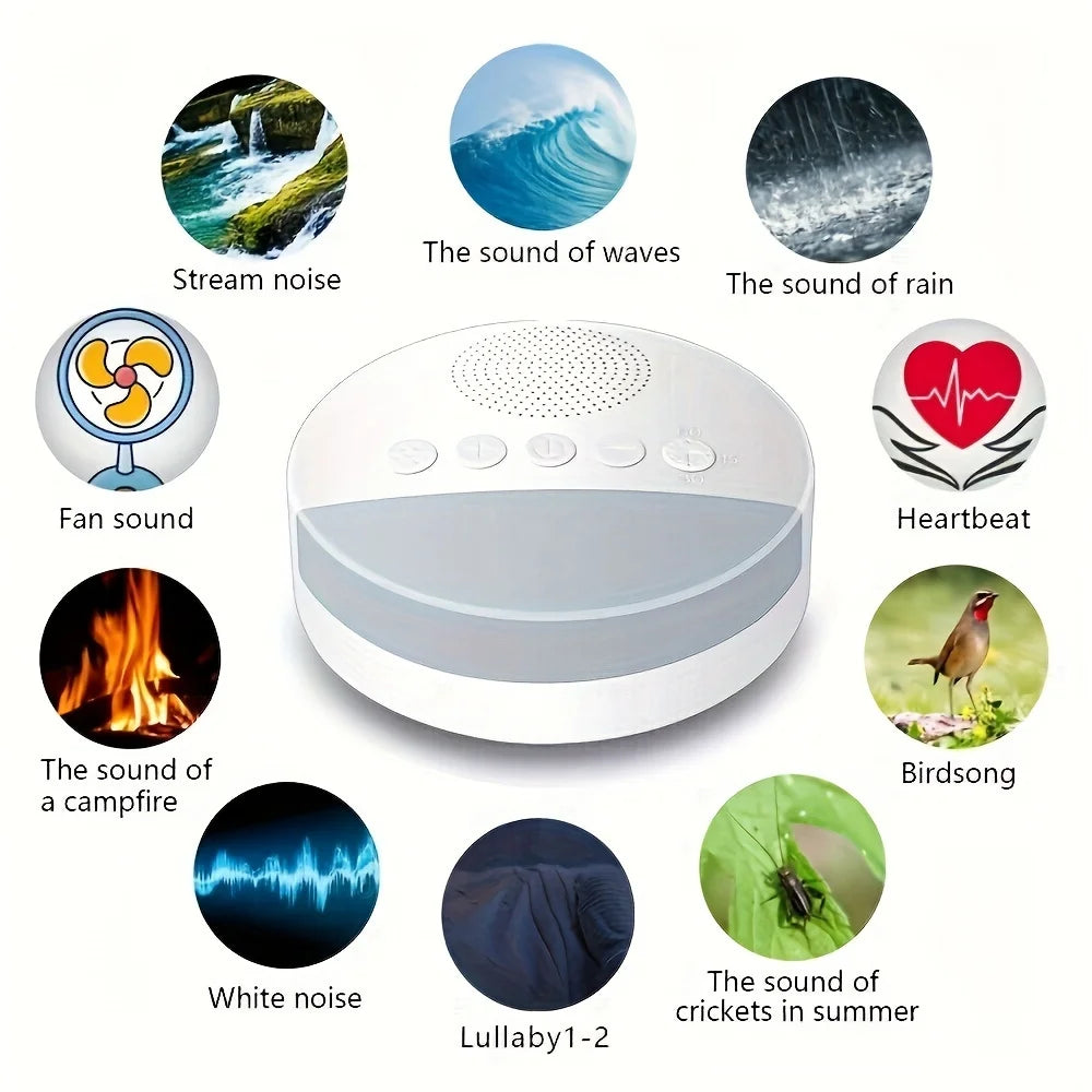Máquina portátil de ruido blanco recargable por USB de 1200mAh con luz nocturna, 9 sonidos relajantes, temporizador de apagado para uso en el hogar/oficina