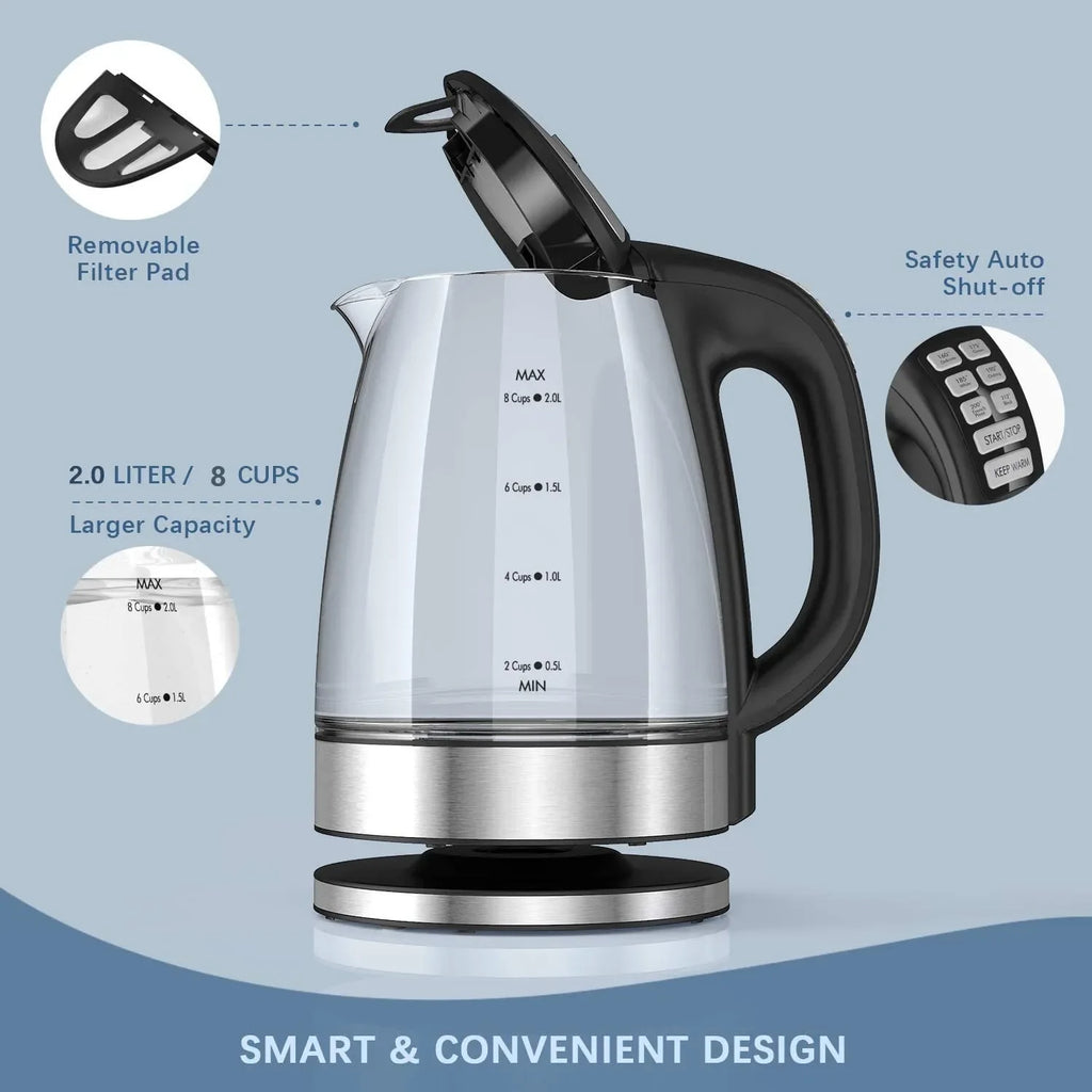 DEVISIB Hervidor eléctrico de vidrio, ebullición rápida de 2200 W, control de temperatura, mantener caliente las 4 horas, tetera de 2,0 L y caldera de agua caliente
