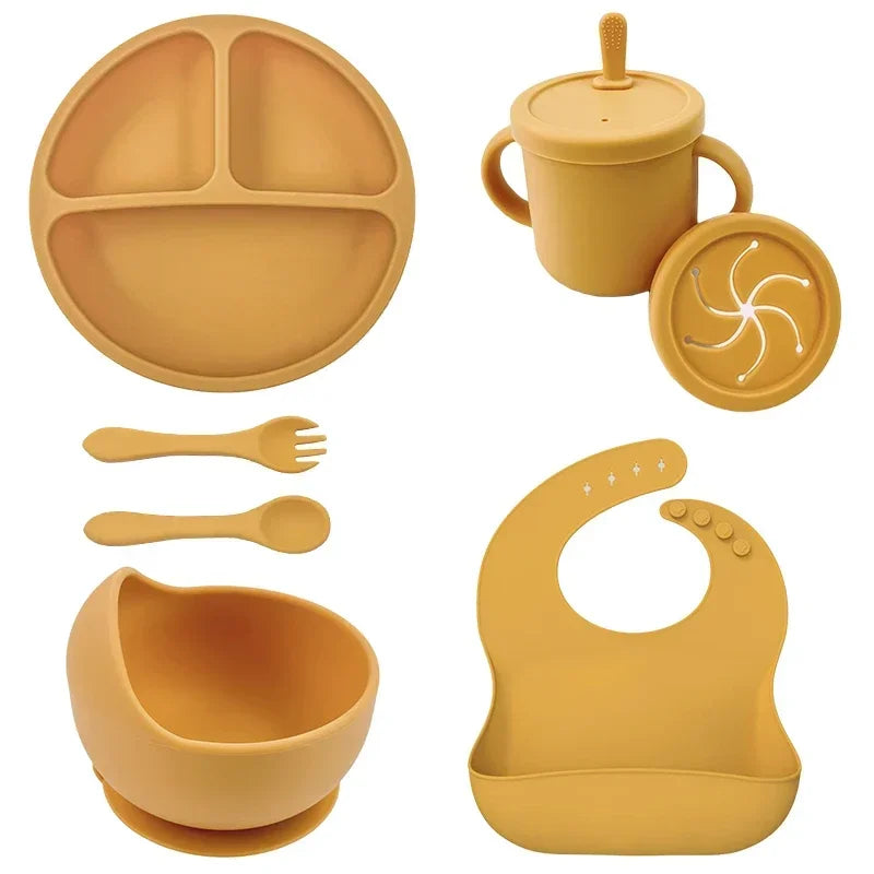 Juego de alimentación de bebé de silicona sin BPA, cuenco con ventosa, plato de comedor, taza de paja, cuchara, tenedores para niños, vajilla para bebés, platos para niños
