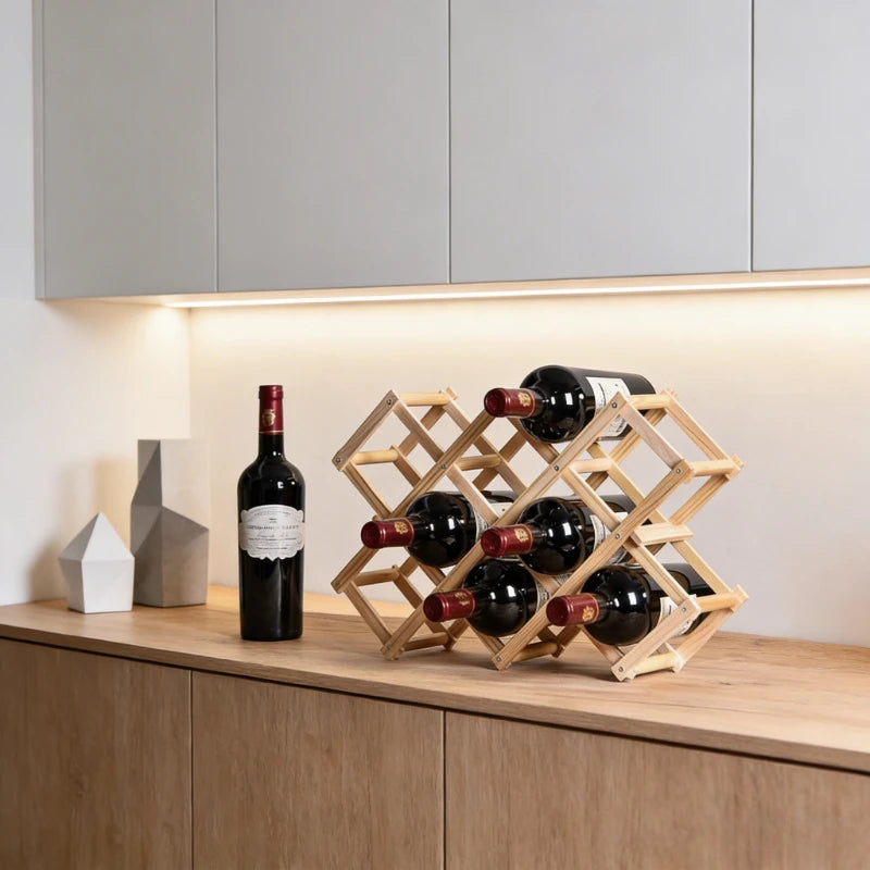 Estante de Madera Plegable para Almacenamiento de Vino, para 3-10 Botellas, Fácil de Montar, Apilable, para Organización del Hogar, Bar, Cocina o Bodega
