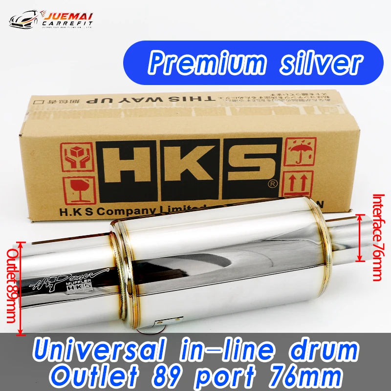 Tubo de escape de coche, piezas modificadas, silenciador HKS, tubo de escape recto, salida Universal 89MM, plata brillante, azul, acero inoxidable 51 63 76mm apto