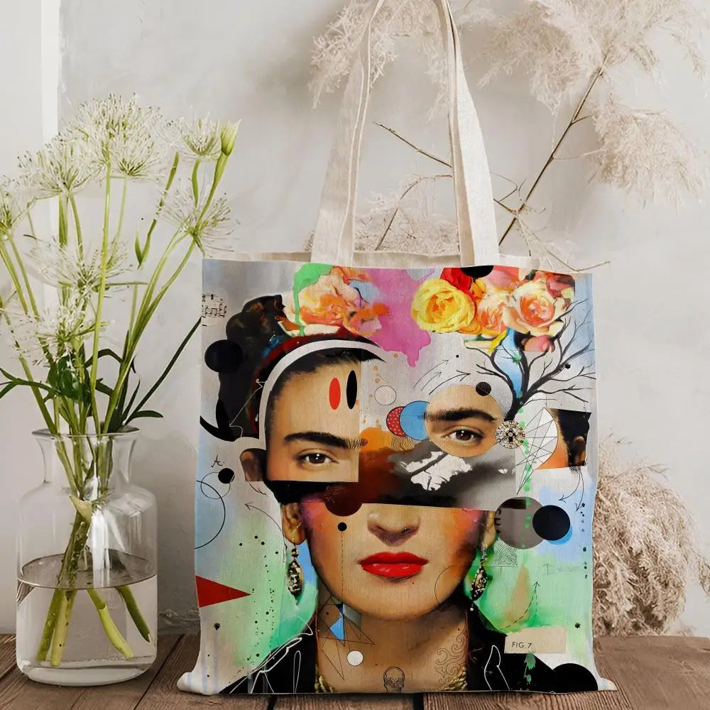 Bolsos de Almacenamiento Art F-Frida Kahlo, Bolso Tote de Lona con Estampado a Doble Cara, Bolso de Hombro de Gran Capacidad para Mujer