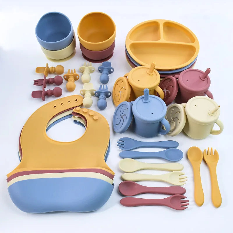 Juego de alimentación de bebé de silicona sin BPA, cuenco con ventosa, plato de comedor, taza de paja, cuchara, tenedores para niños, vajilla para bebés, platos para niños
