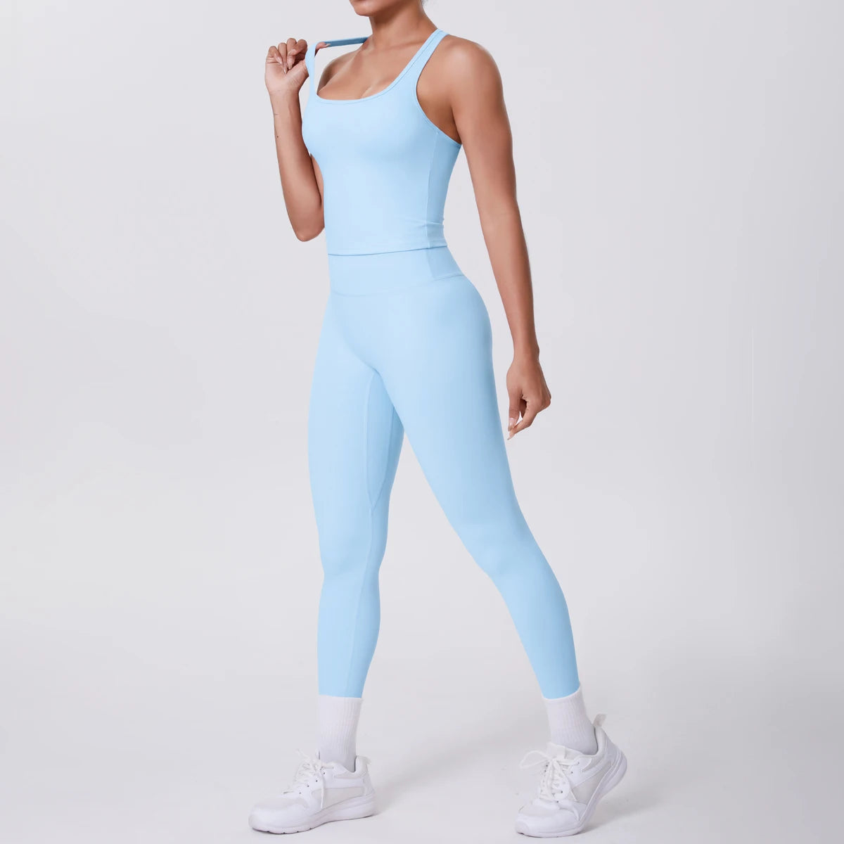Hamidou - Conjunto de yoga de 2 piezas para mujer: leggings de fitness de secado rápido con efecto push-up y top deportivo con espalda en I de color liso.
