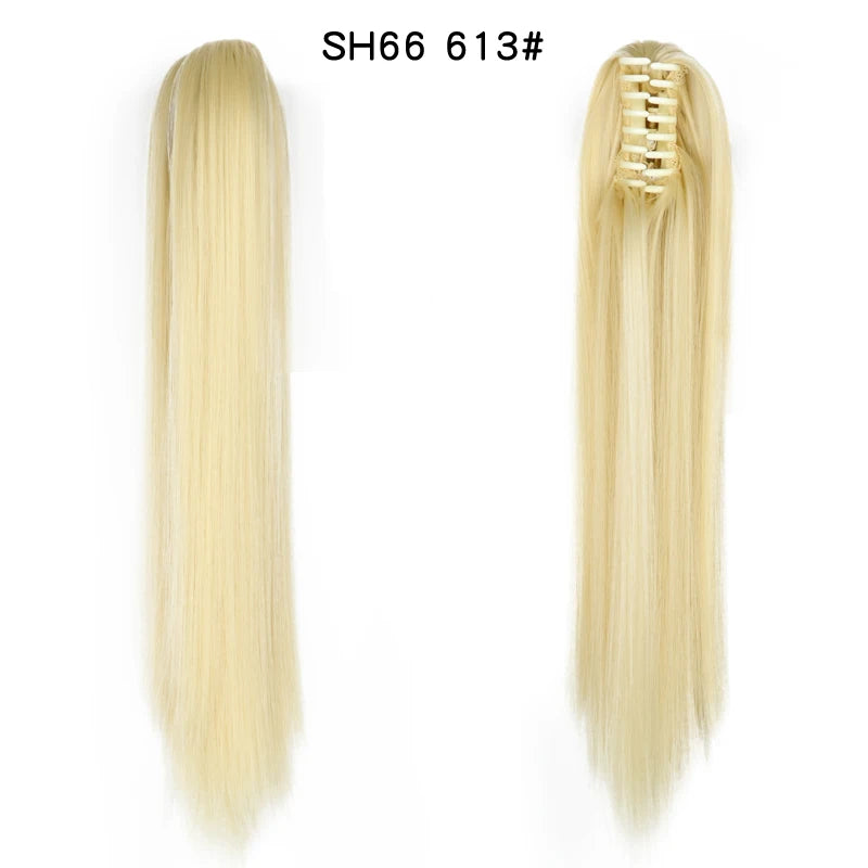 Extensiones de cabello de cola de caballo recta larga sintética, Clip de mandíbula de garra de 22 pulgadas en extensiones de cabello para mujeres, postizos de fibra sintética