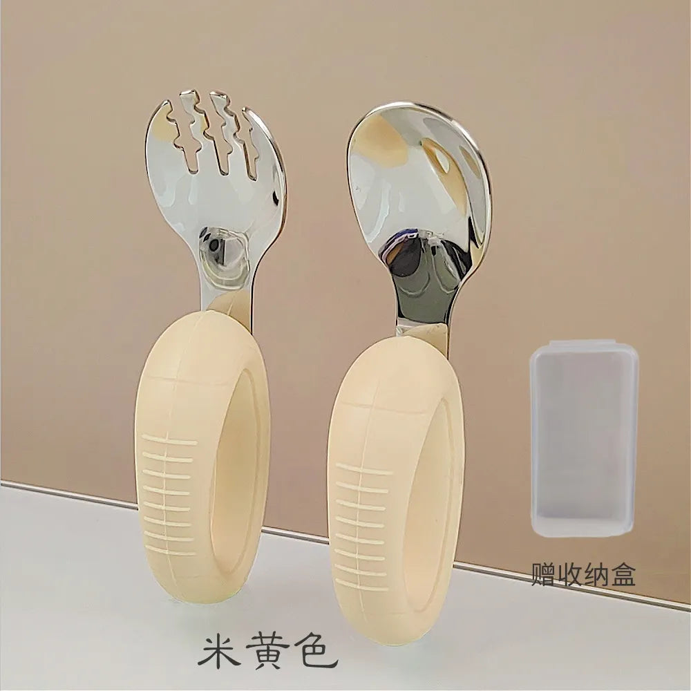 Nuevo Juego de Tenedores y Cucharas de Acero Inoxidable para Bebés, con Mango Corto Fácil de Agarrar y Puntas de Silicona para que los Niños Pequeños Aprendan a Masticar
