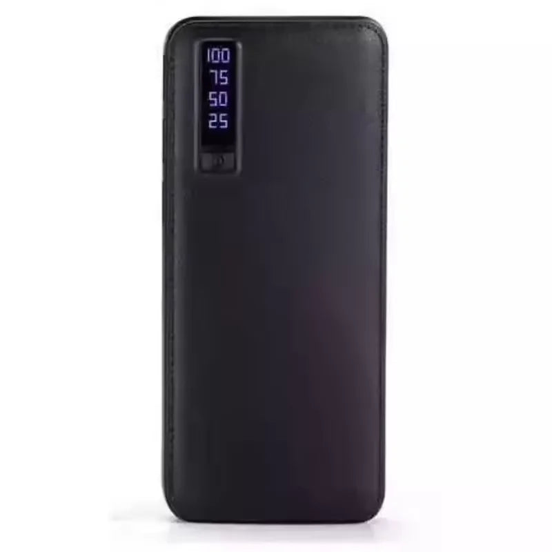 Batería portátil de 10000 mAh con textura de piel, 3 puertos USB y linterna. Disponible en varios colores.