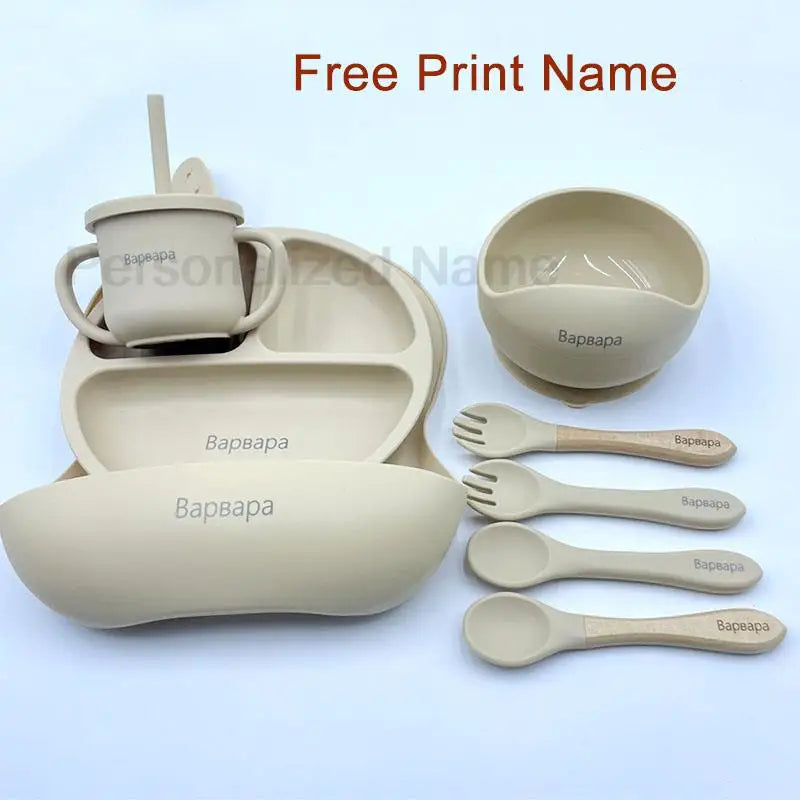Juego de alimentación de silicona para bebé, plato de comedor redondo, cuenco con ventosa, platos para niños, vajilla con nombre personalizado, taza de paja, 8 Uds.