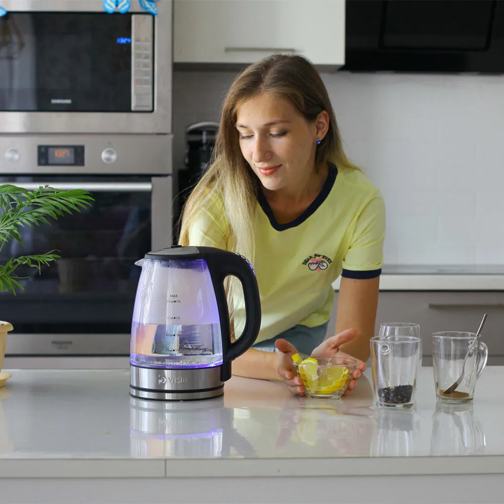 DEVISIB Hervidor eléctrico de vidrio, ebullición rápida de 2200 W, control de temperatura, mantener caliente las 4 horas, tetera de 2,0 L y caldera de agua caliente