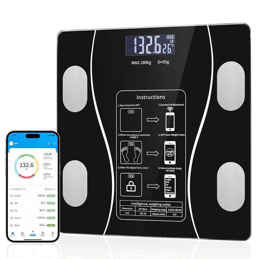 Báscula inteligente de grasa corporal con Pantalla LED - báscula de baño digital con bluetooth, medición precisa de la composición corporal, masa muscular, IMC y análisis de agua corporal