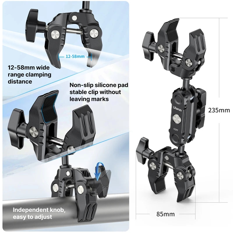 La abrazadera Ulanzi CO17 Super Clamp se puede fijar a rieles de bicicleta, trípode de motocicleta con cabezal de doble bola para cámara de acción panorámica.