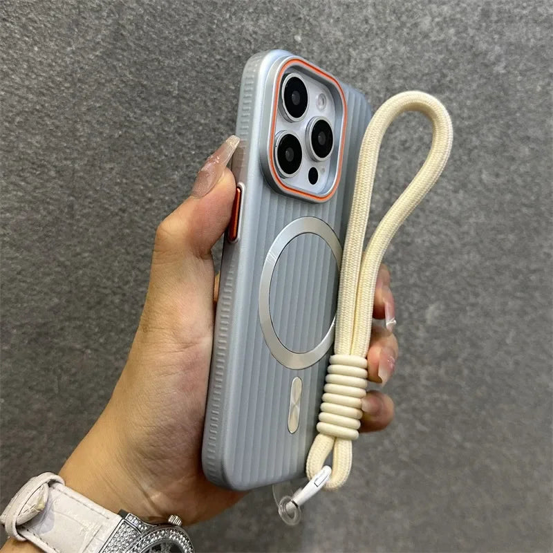 Funda Magnética Delgada Mate con Rayas para iPhone 16 15 ProMax 14 13 12 Pro Max 16 Plus, Antigolpes, Compatible con Magsafe, con Cordón