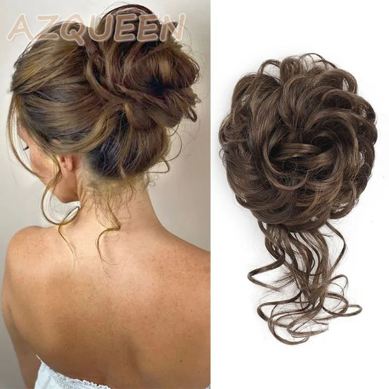 AZQUEEN moño de pelo sintético moño Natural gris desordenado banda para el cabello rizado elástico Scrunchy piezas de cabello falso para mujeres horquillas
