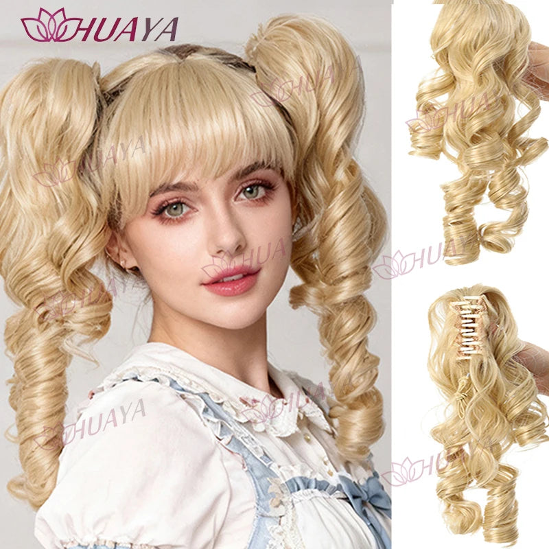 Peluca de cola de caballo sintética con clip grande de 16 pulgadas para mujer, estilo rizado romano, juego de 2 piezas. Perfecto para uso diario, cosplay y fiestas, fácil de usar.
