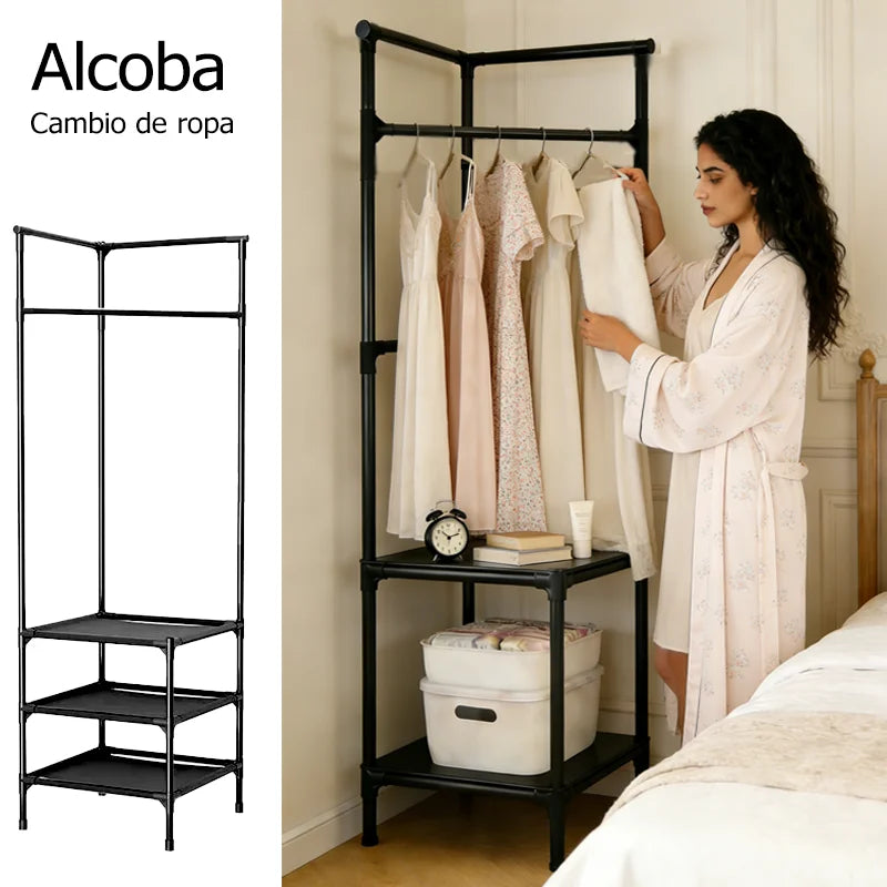 Perchero de Esquina Multicapa - Organizador de Ropa y Accesorios con Estantes, Ideal para Entrada, Dormitorio y Baño