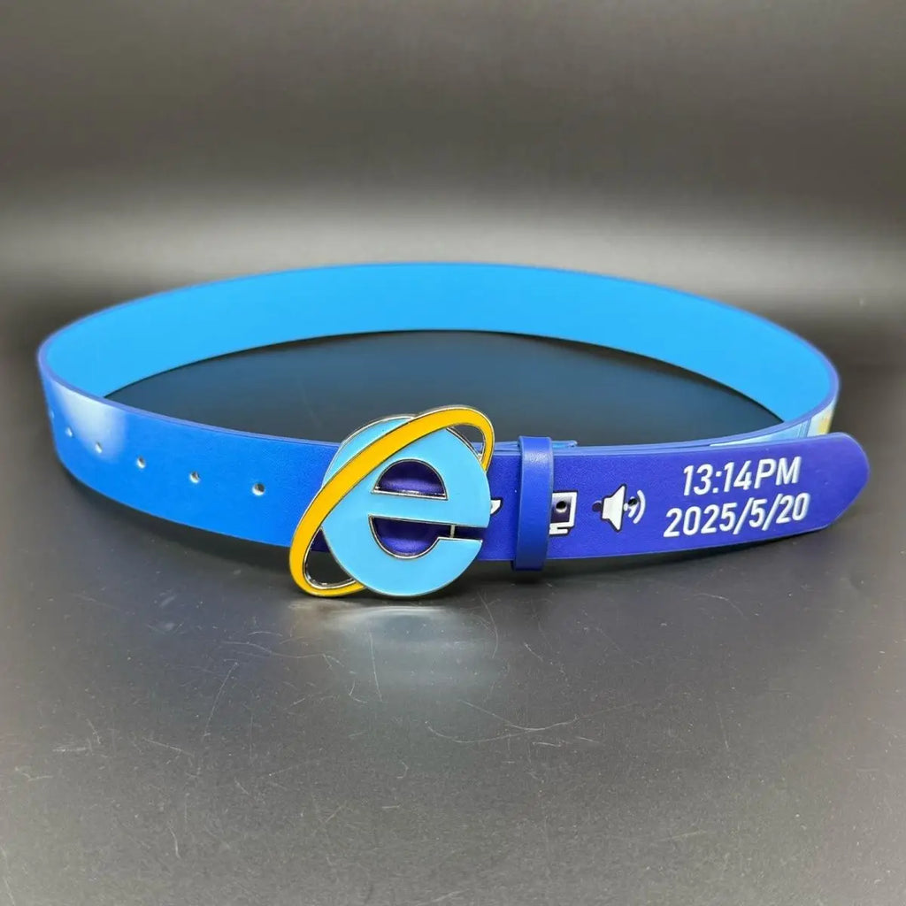Cinturón Retro con Diseño de Internet Explorer, Cinturón de 110 cm Estilo Y2K, Hebilla de Aleación y Cuero Vacuno, Accesorio Divertido y Nostálgico para Jeans