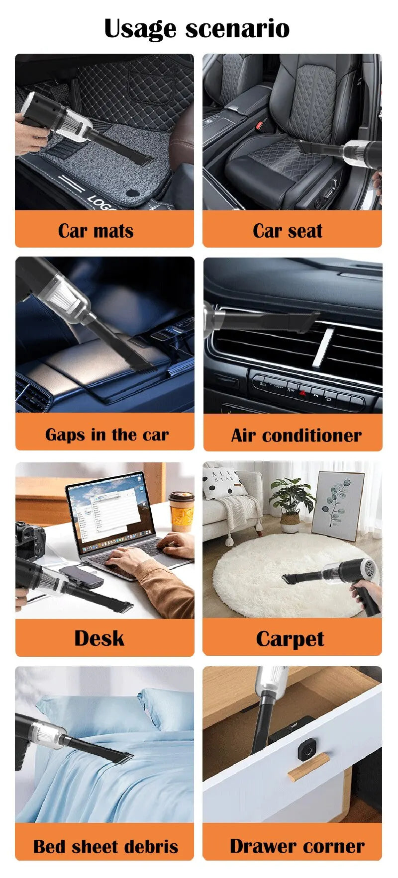 Aspirador de coche inalámbrico de 9000Pa, dispositivo de limpieza portátil con carga USB de 1200mAh, Mini aspirador húmedo y seco para el hogar