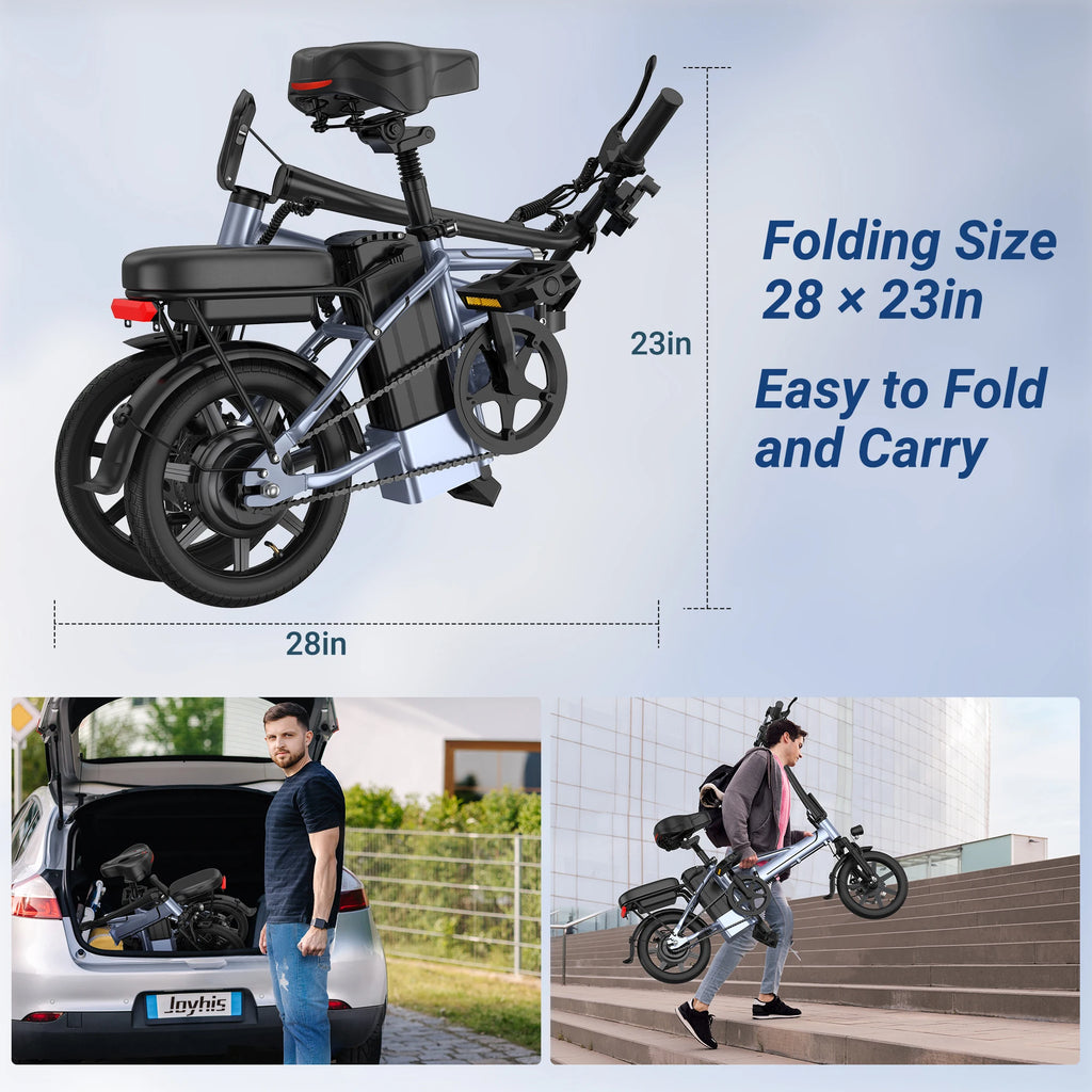 Bicicleta Eléctrica Plegable E14 de 500W para Adultos, 22MPH, 38 Millas, 14 Pulgadas, con Cuadro Plegable y Cesta Trasera, Bicicleta Eléctrica Urbana, Stock en la UE