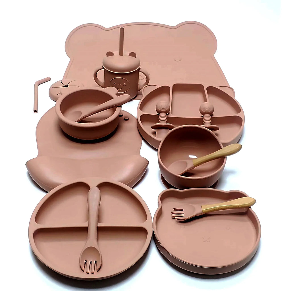 Juego de vajilla de silicona para niños, 16 piezas, taza de succión adicional, tazón, cuchara, madre y bebé