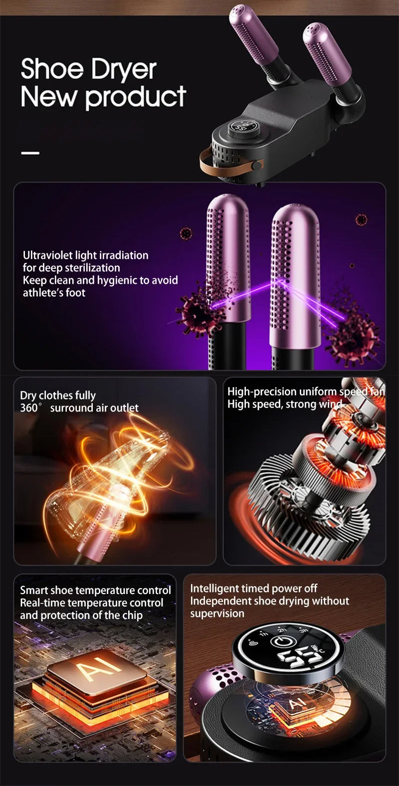 Secador de Zapatos Inteligente con Luz Púrpura, Desodorizante, Portátil, Plegable, con Temporizador, para Otoño e Invierno, Secador Eléctrico para Zapatos y Botas 2026