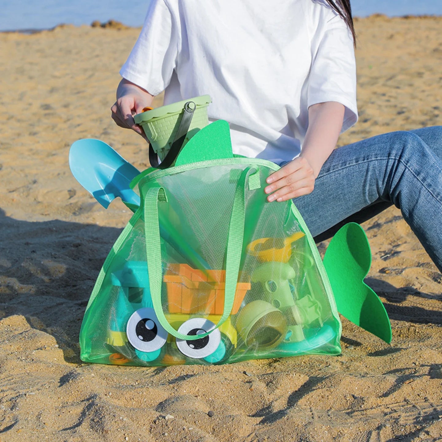 Bolsa de playa bonita de gran capacidad, juguete de excavación de arena, bolsa de malla plegable portátil para viajes en la playa, almacenamiento de deportes al aire libre, novedad de 2025