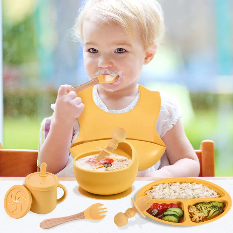 Juego de alimentación de bebé de silicona sin BPA, cuenco con ventosa, plato de comedor, taza de paja, cuchara, tenedores para niños, vajilla para bebés, platos para niños