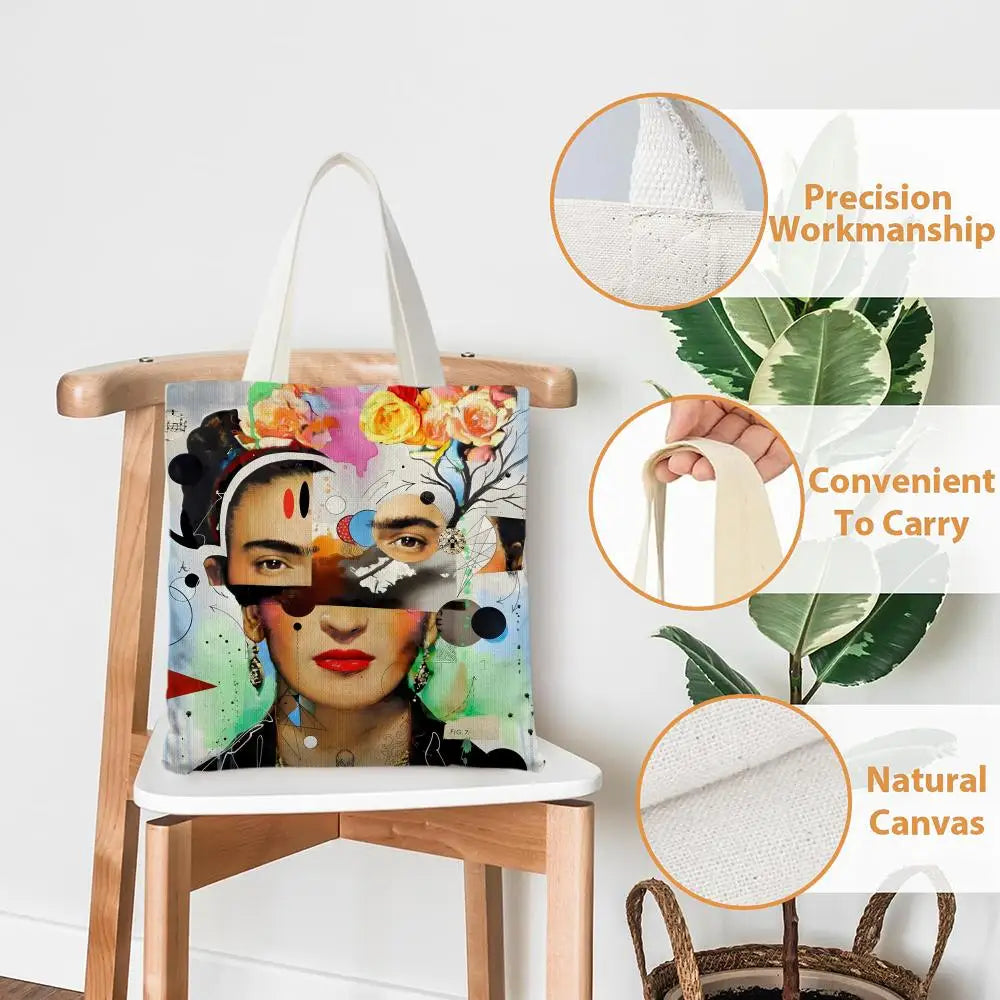 Bolsos de Almacenamiento Art F-Frida Kahlo, Bolso Tote de Lona con Estampado a Doble Cara, Bolso de Hombro de Gran Capacidad para Mujer