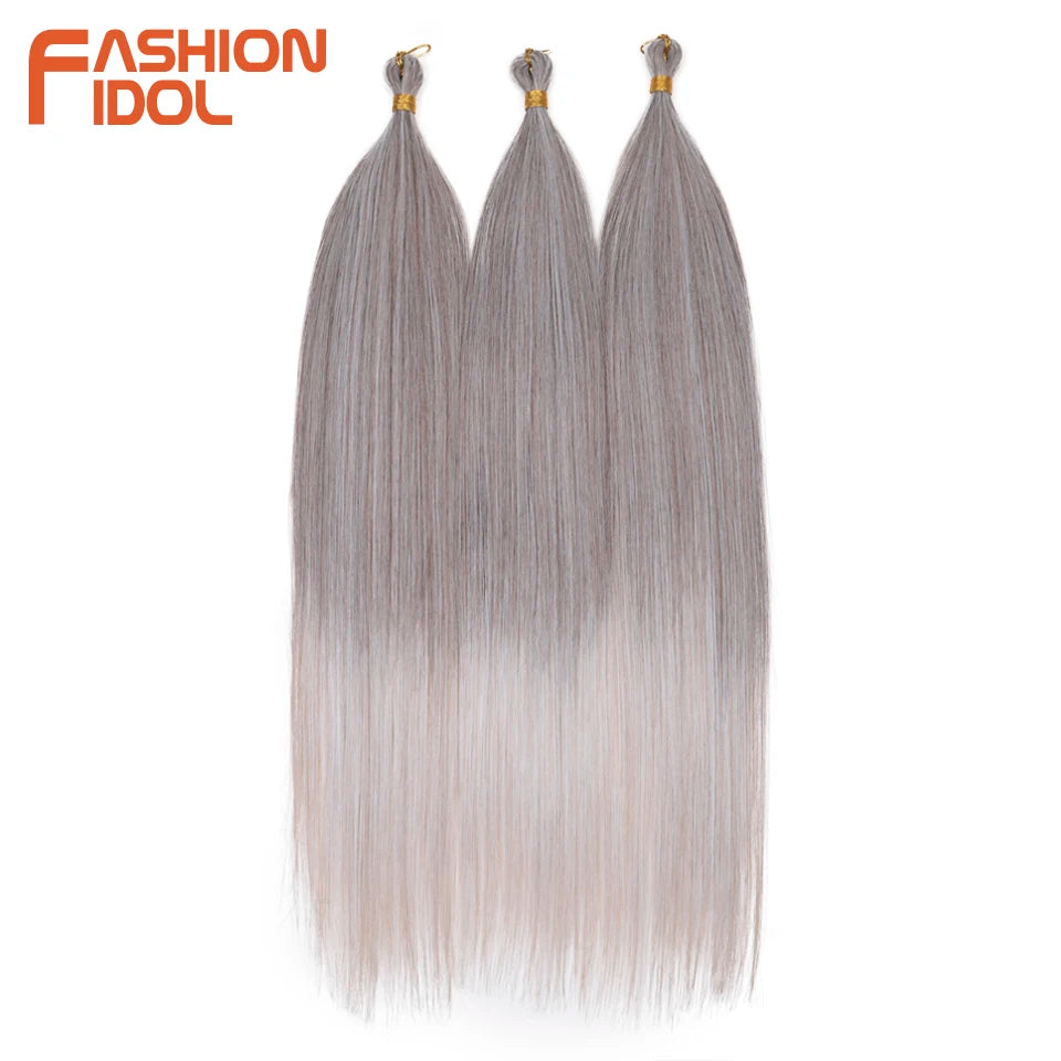 FASHION IDOL, 28 pulgadas, 300g/3 piezas, cabello liso, cabello trenzado sintético, extensiones de cabello de fibra resistente al calor, color gris ombré