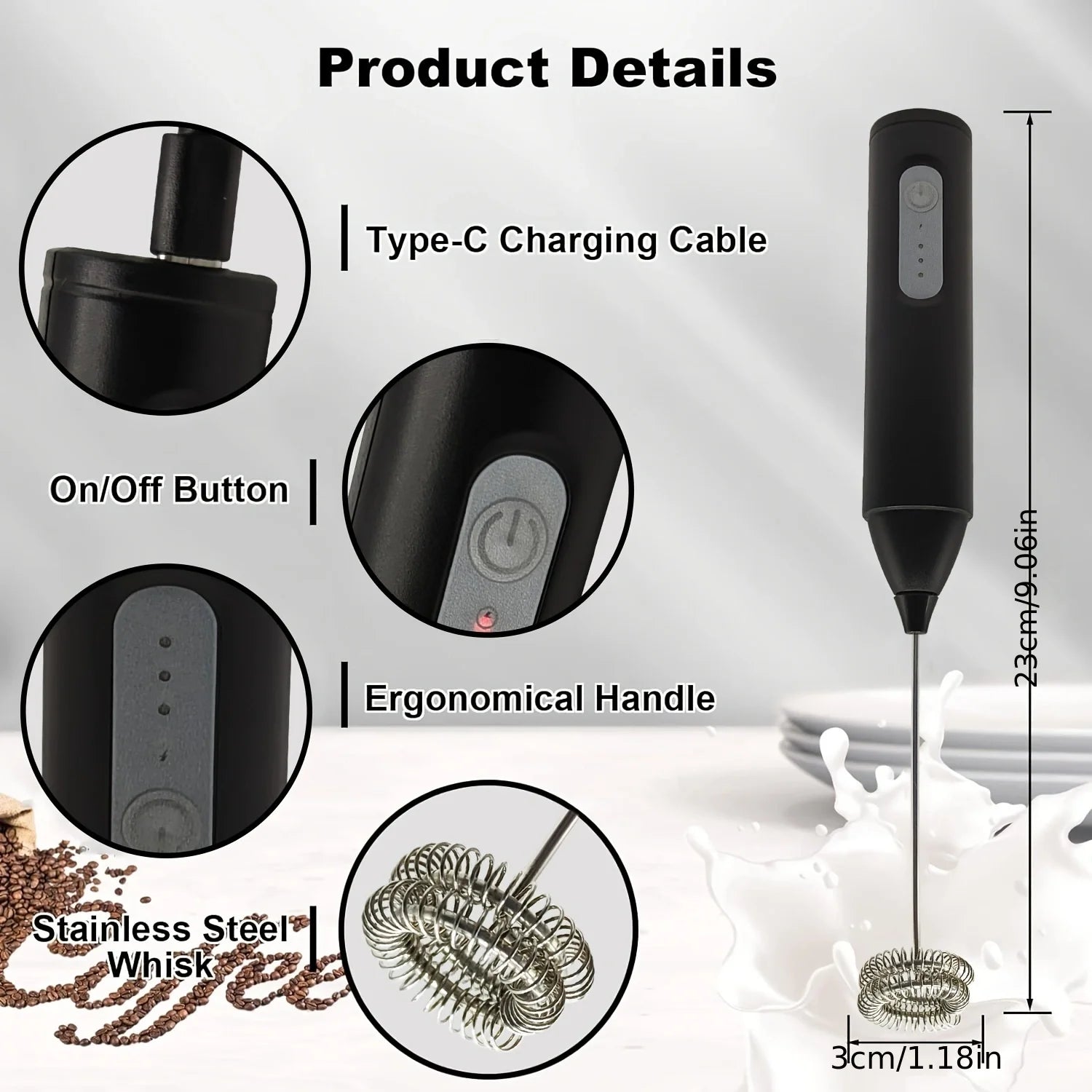 MINI Espumador de leche recargable por USB, máquina de espuma de 3 velocidades, batidor de café, mezclador con mango eléctrico, batidor de huevos