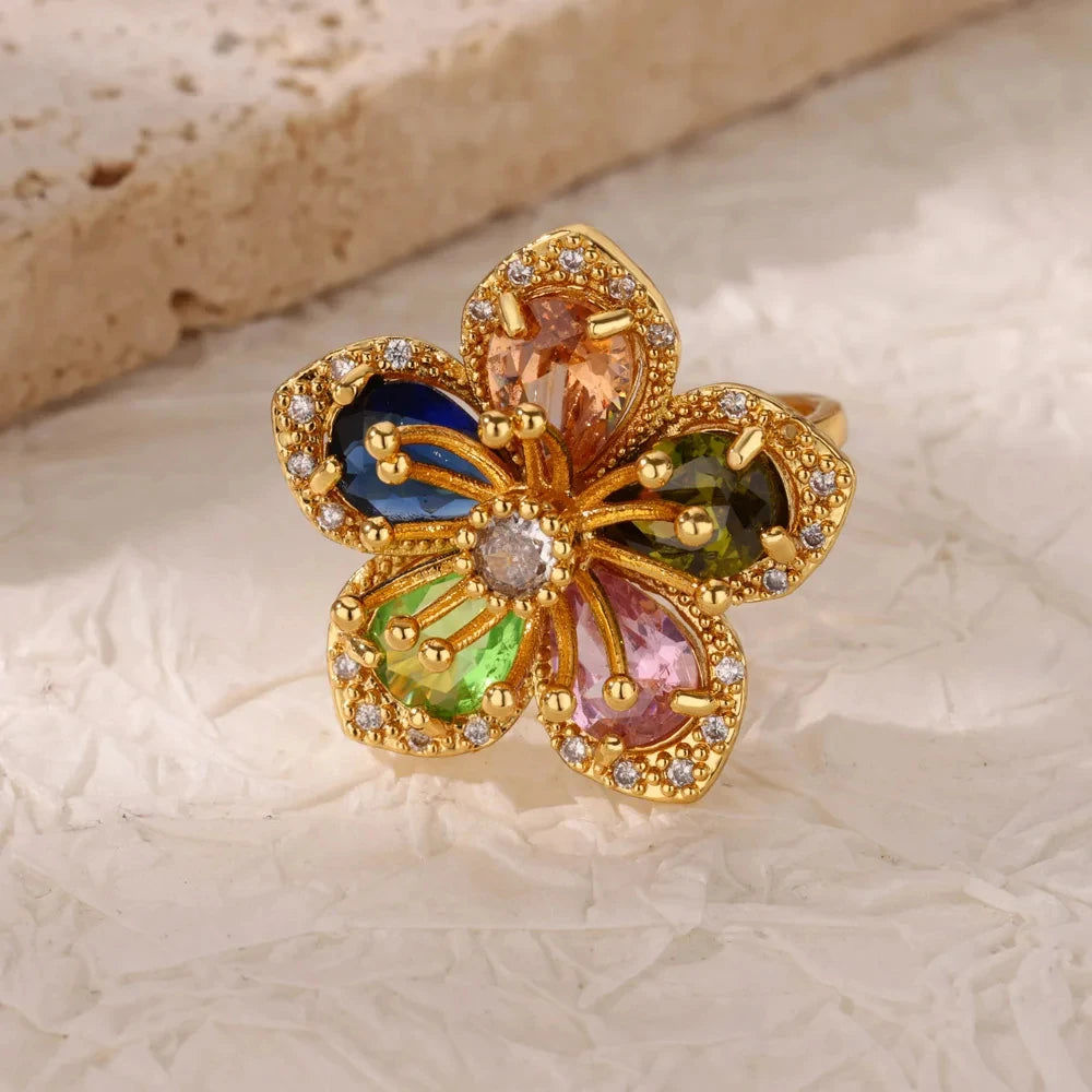 Anillos de acero inoxidable de lujo chapados en oro, piedra colorida, anillo de corazón de cristal de circón para mujer, joyería Bohemia de boda, regalo de Navidad