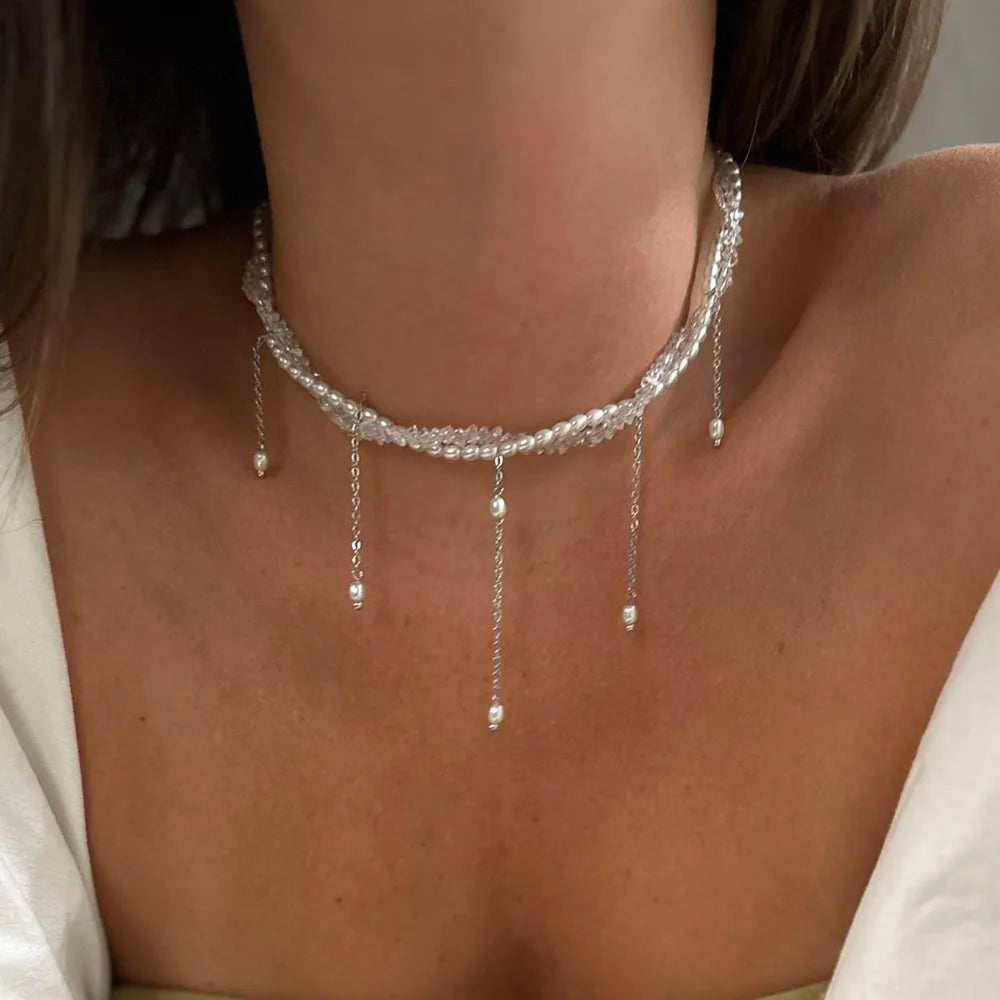 Collar con colgante de cadena con borlas a la moda para mujer, cadena de perlas de imitación y cristal transparente bohemio, joyería, regalo de San Valentín N0538