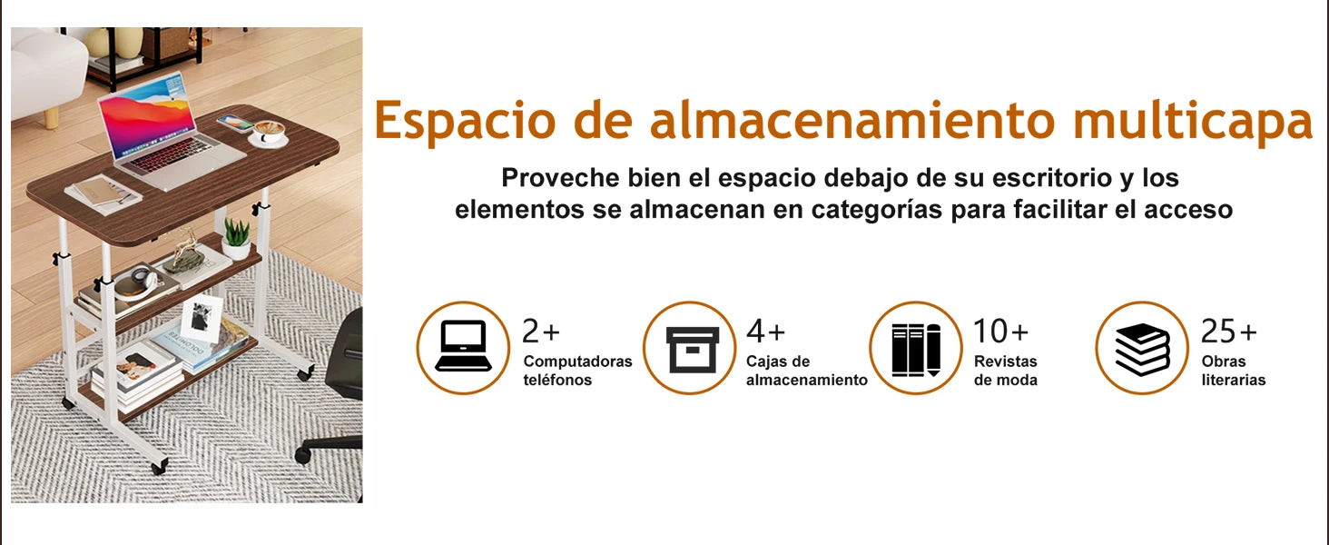 ECHIGOYA Escritorio Portátil, Mesa para Laptop, Escritorio de Computadora con Repisas, Escritorio de Pie Altura Ajustable con Ruedas, Mesa para Cama de Hospital, Home Office, 60cm*40cm