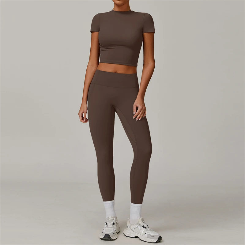 Conjunto de Yoga de 2 piezas para mujer, ropa deportiva de entrenamiento, ropa de gimnasio, Top corto de manga corta, mallas de cintura alta, trajes deportivos